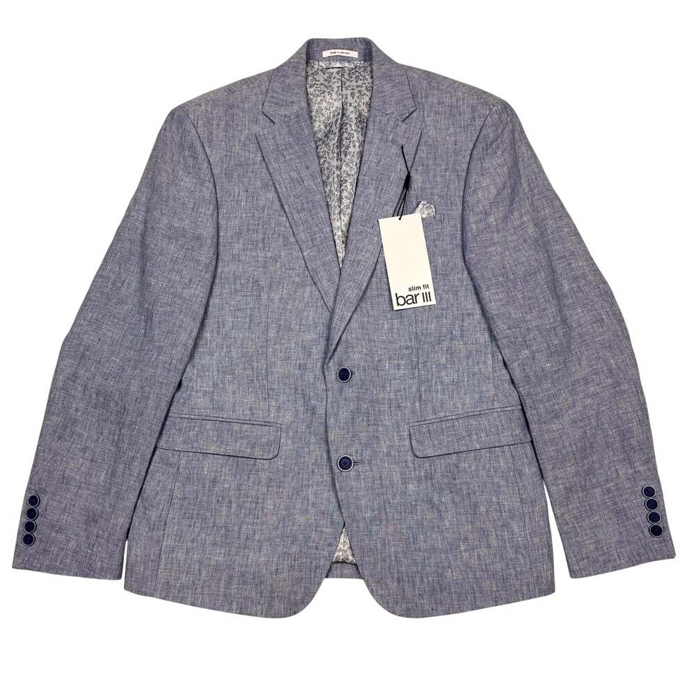 Bar III Blazer Mens 38 S Light Blue Linen Slim Fit Sport Coat Jacket Wedding